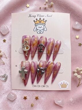 Pink & Gold Marbled Stiletto Press-On Nails